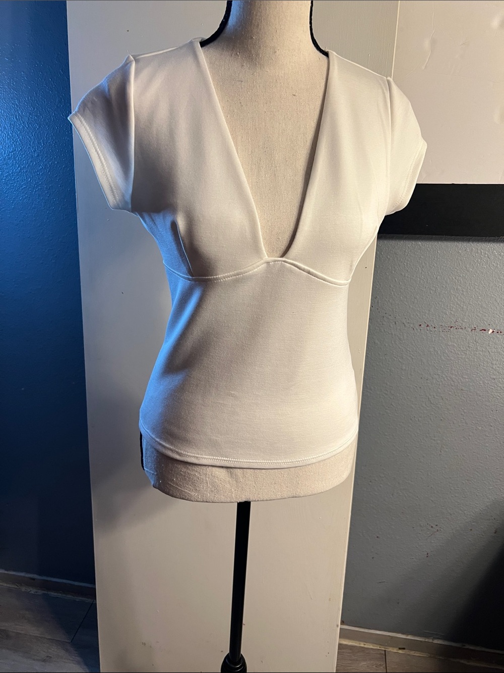 gaze White Deep V Cap Sleeve Stretch Top